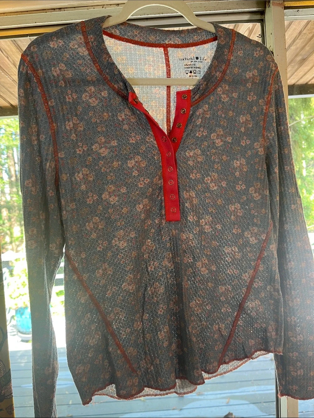 NATURAL LIFE Blue Floral Waffle Henley with Hot Pink Trim - Picture 2 of 5